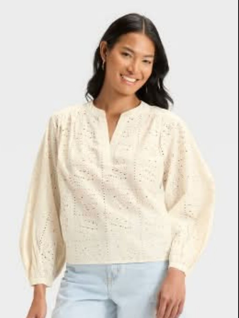 UNIVERSAL THREAD Embroidered Lace Puff Long Sleeve Banded Collar Neck  Blouse